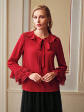MOTF SOLID TIE NECK LACE TRIM LAYERED SLEEVE BLOUSE
